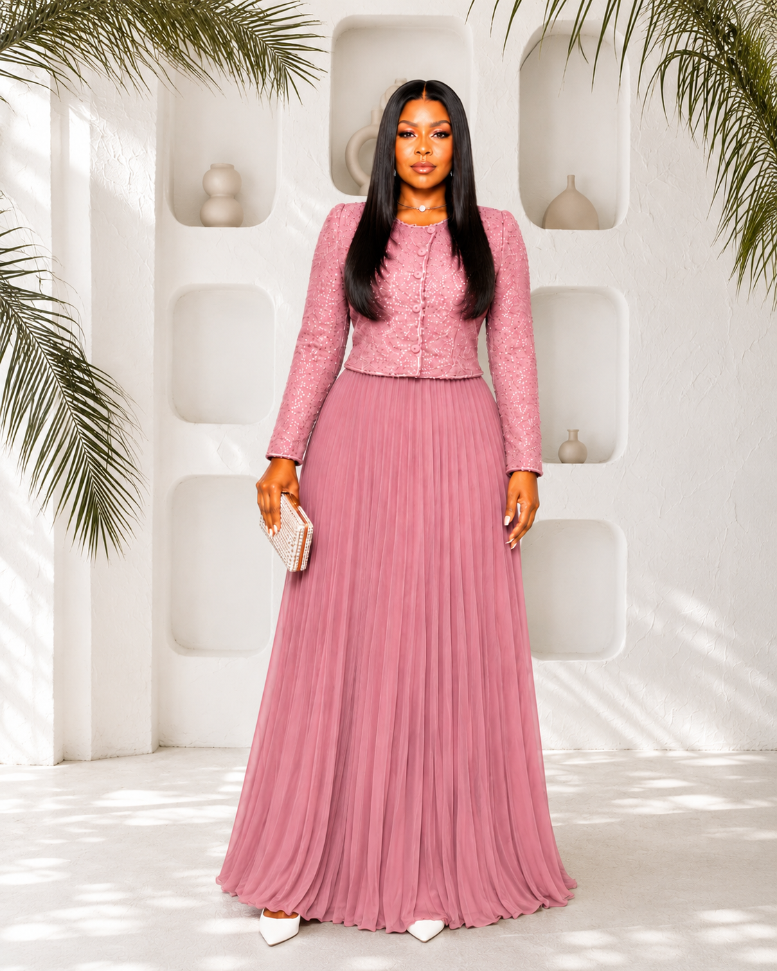 Blush Elegance Pleated Maxi Dress