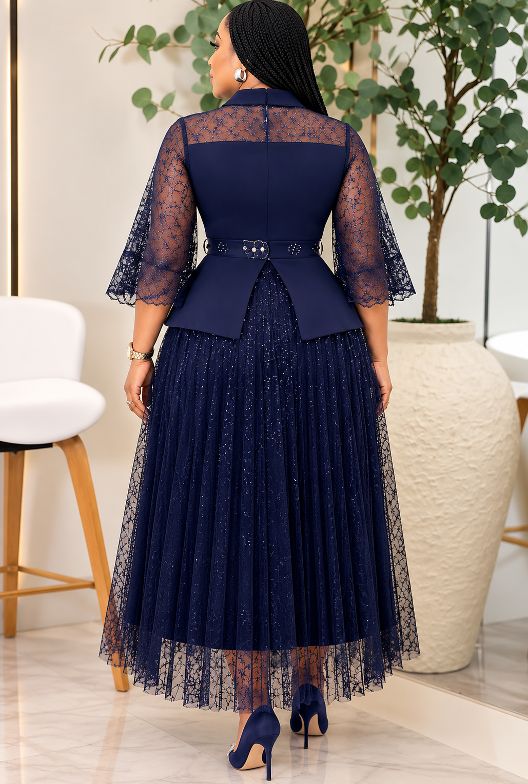 Midnight Navy Blue Lace Gown