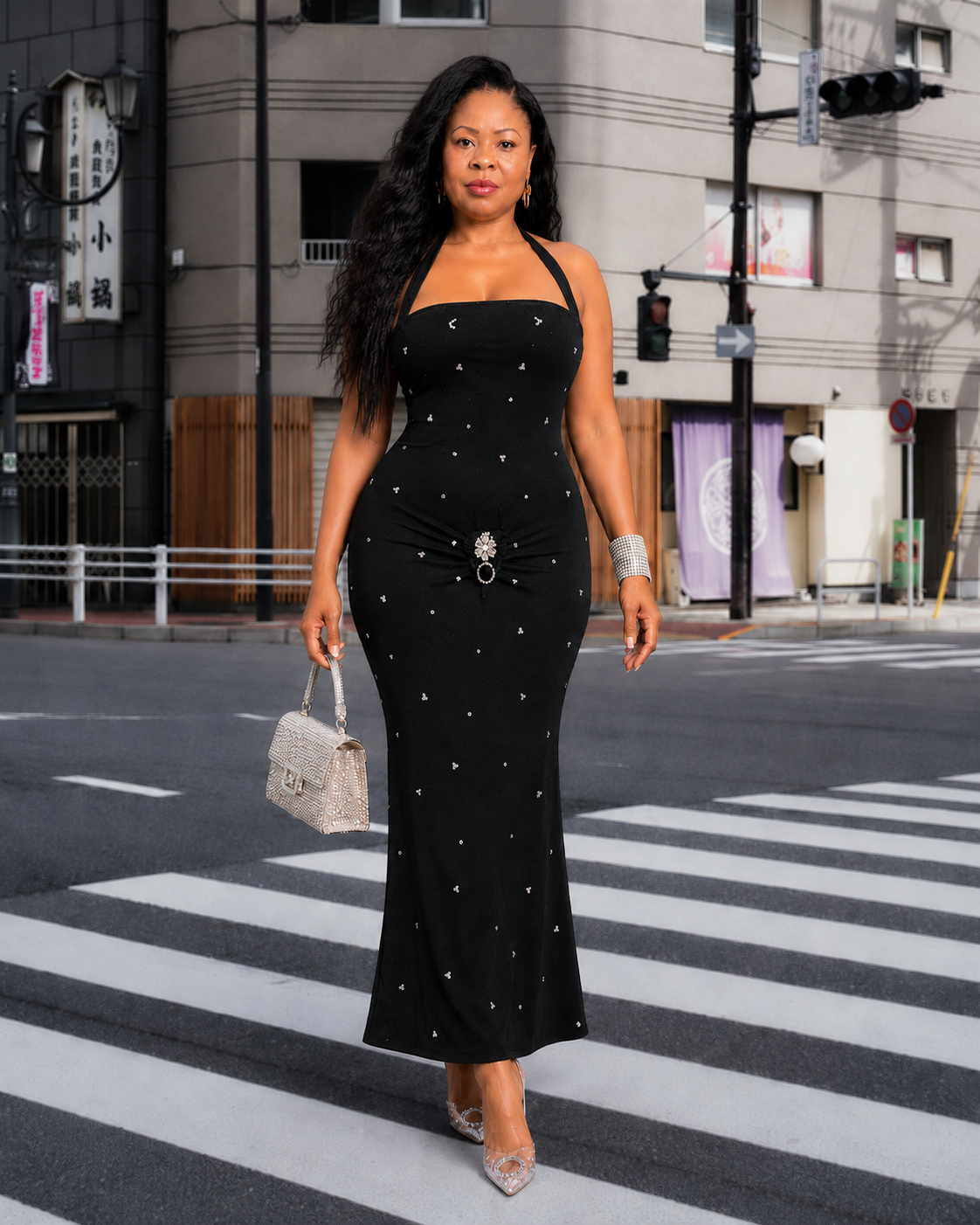 Midnight Elegance Halter Gown