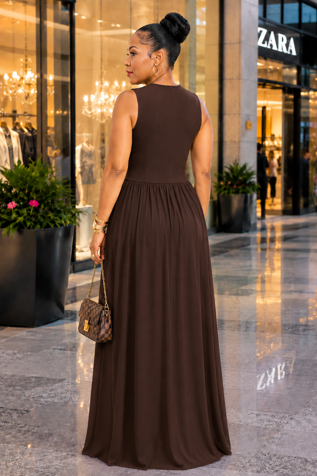 Mocha Majesty Pleated Evening Gown