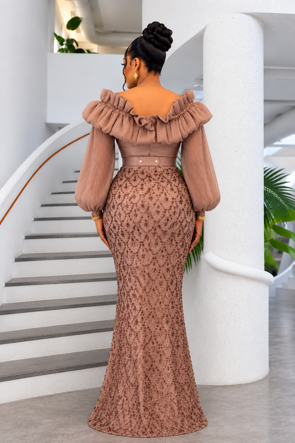 Champagne Elegance Ruffle Mermaid Gown