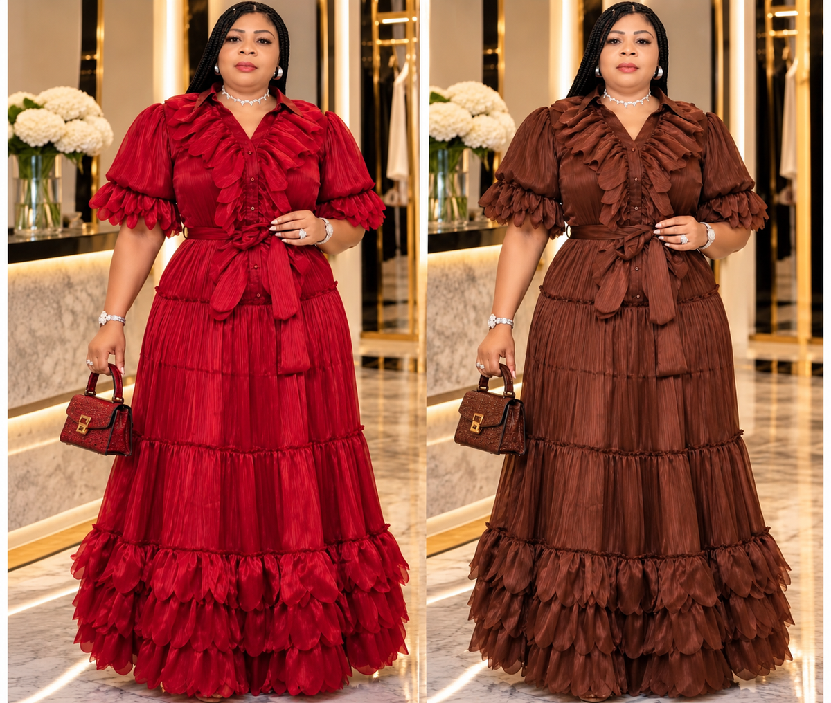 Ruby Royale & Mocha Luxe Ruffle Gown