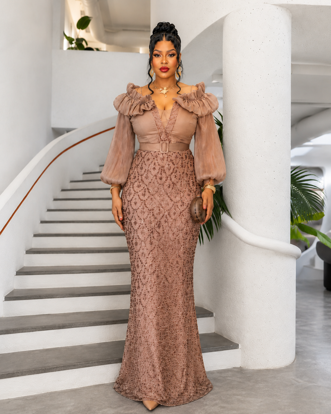 Champagne Elegance Ruffle Mermaid Gown