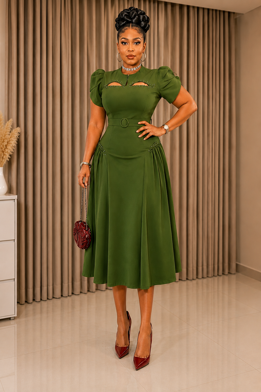 Emerald Grace Embellished Midi Dress