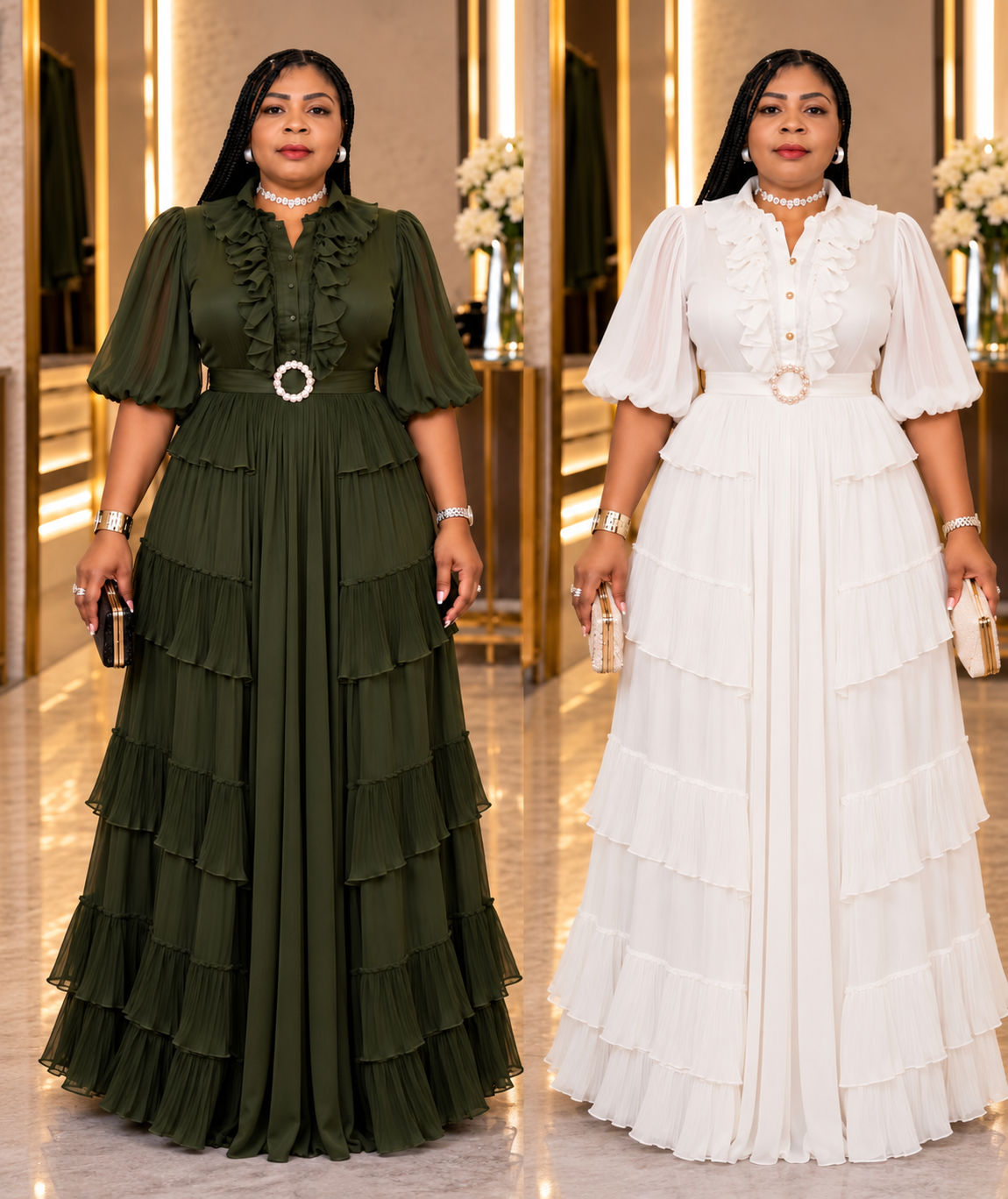 Emerald Grace & Ivory Elegance Tiered Gown
