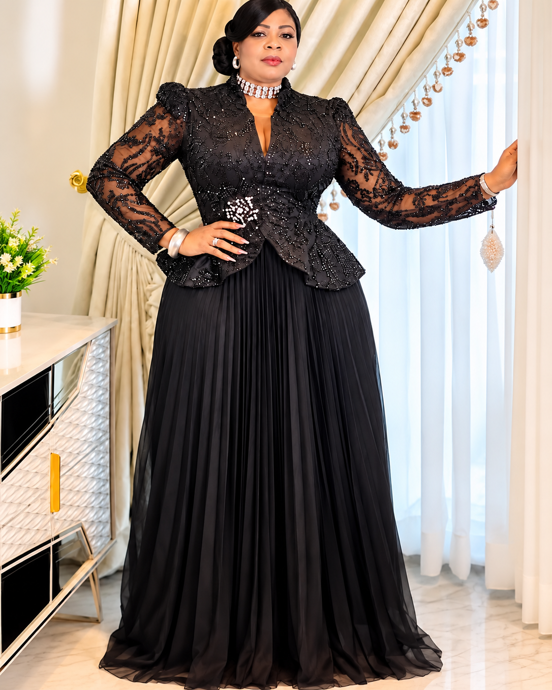 Midnight Elegance Beaded Peplum Gown