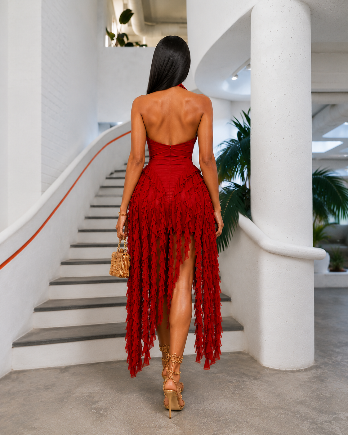 Crimson Cascade Ruffle Gown