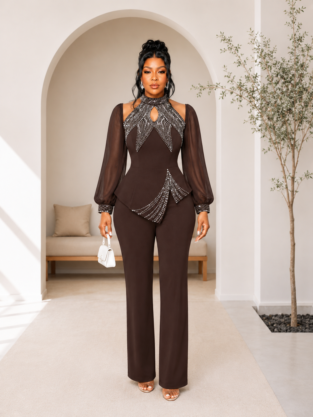Espresso Elegance Embellished Jumpsuit
