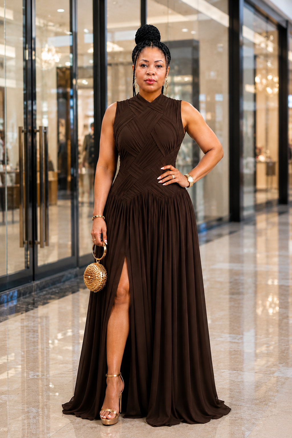 Mocha Majesty Pleated Evening Gown